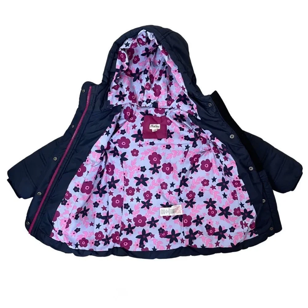 Hatley Navy Blue and Purple Floral Stars Fitted Puffer Rain Jacket Kids Size 3